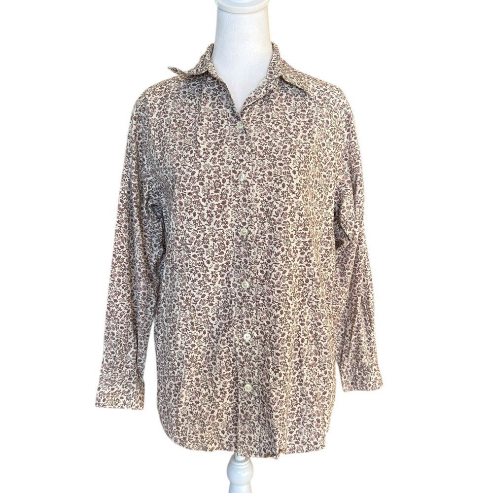 LL Bean Vtg Button Up Long Sleeve Cotton Shirt Floral Woman Small Purple Cream